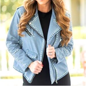 NWOT Collection by Cezele‎ studded denim Jean moto jacket